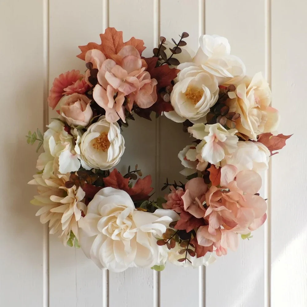 15 Inch Autumn Floral Wreath Fall Candle Ring Table Cream Rose Mauve Hydrangea